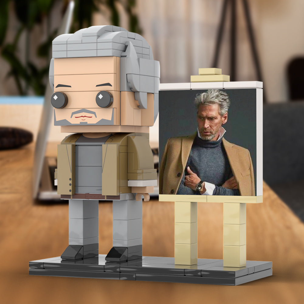 Full Body Customizable 1 Person Cool Grey Hair Daddy In Brown Jacket Custom Brick with Frame Figures Small Particle Block Toy Brick Me Figures For Father's Day