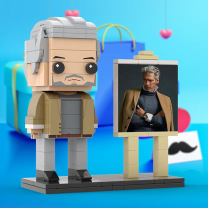 Full Body Customizable 1 Person Cool Grey Hair Daddy In Brown Jacket Custom Brick with Frame Figures Small Particle Block Toy Brick Me Figures For Father's Day