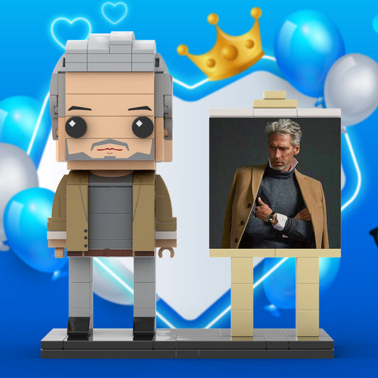 Full Body Customizable 1 Person Cool Grey Hair Daddy In Brown Jacket Custom Brick with Frame Figures Small Particle Block Toy Brick Me Figures For Father's Day