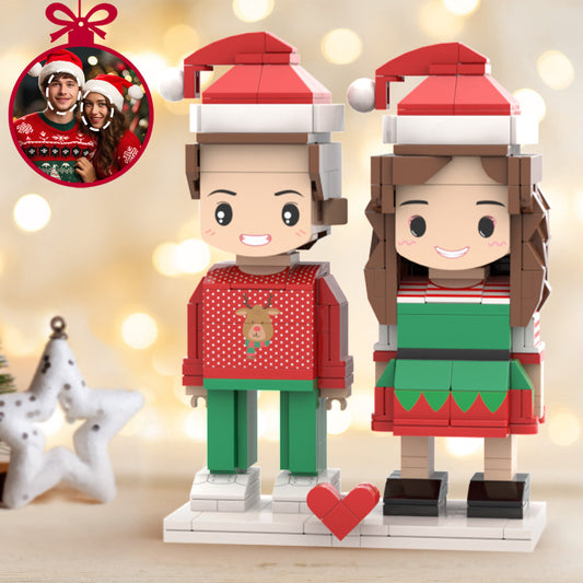 Custom Head 2 People Cute Brick Figures Personalized Christmas Elves Couple Brick Figures Small Particle Block Toy