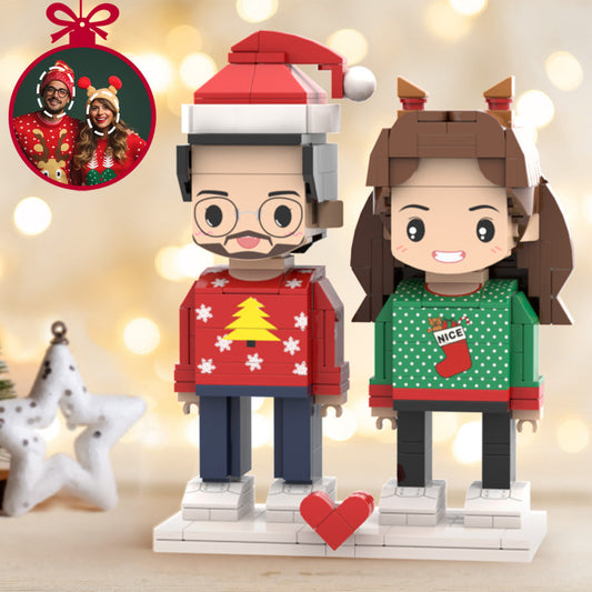 Personalized Christmas Dress Couple Brick Figures Custom Head 2 People Cute Brick Figures Small Particle Block Toy