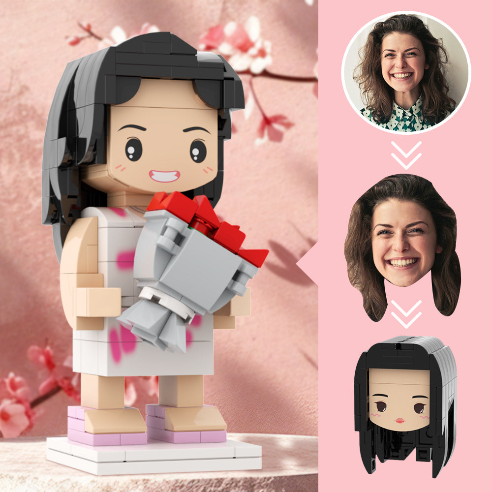 Custom Brick Figures Customizable Head Round Face Young Mother Holding Flowers Gift For Mom