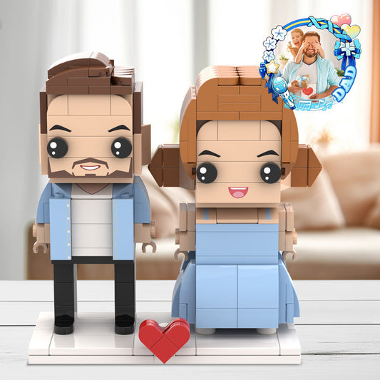 Personalized Fully Body Customizable Father's Day Custom Gift Brick Figures Dad and Daughter In Blue Dress Gift 2 People Custom Brick Figures For Daddy On Father's Day