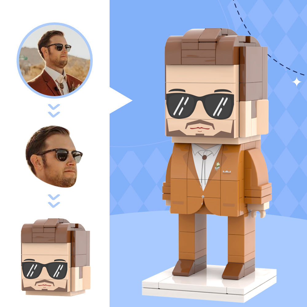 Classic Brown Suit With Kerchief and Corsage For Husband Custom Head Brick Figures Personalized Brick Figures Small Particle Block Wedding Anniversary Gift For Just Married Groom