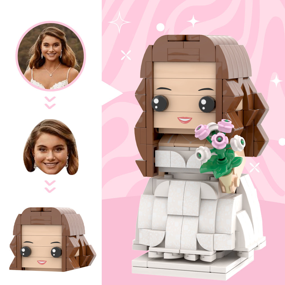 Classic Angelic White Wedding Dress With A bouquet For Wife Custom Head Brick Figures Personalized Brick Figures Small Particle Block Wedding Anniversary Bride Gift For The Girl You Love