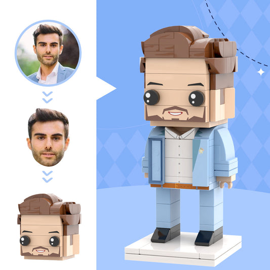 Light Blue Suit With White Corsage For Husband Custom Head Brick Figures Personalized Brick Figures Small Particle Block Wedding Anniversary Gift For Newly Married Groom