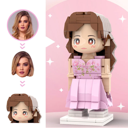 Pretty Special Pink Flower Dress Custom Head Brick Figures Personalized Brick Figures Wedding Anniversary Gift