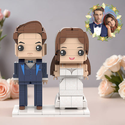 Navy Blue Suit And Holy White Wedding Dress Couple Brick Figures Personalized Head Brick Figures Small Particle Block for Newly Married Couple