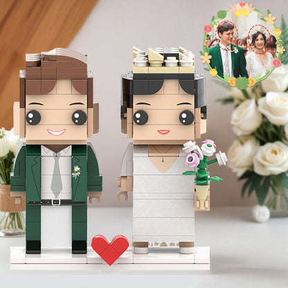 Unique Green Suit With Corsage And Wedding Dress Couple Brick Figures Personalized Head Brick Figures for Wedding Anniversary Souvenir For Husband and Wife