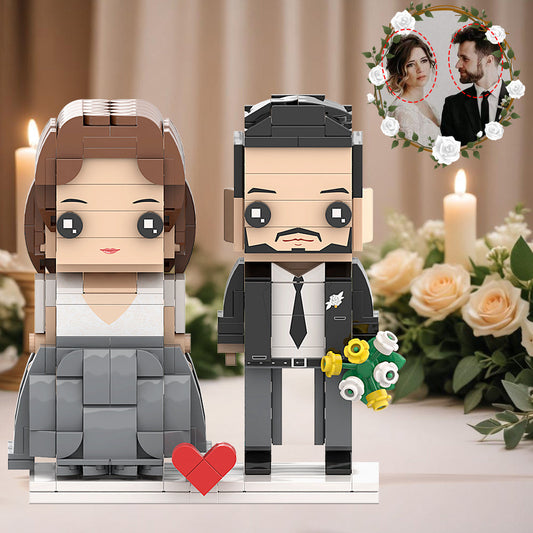 Mysterious White Grey Wedding Dress And Classic Black Suit Couple Brick Figures Personalized Head Brick Figures for Husband and Wife On Wedding Anniversary Souvenir