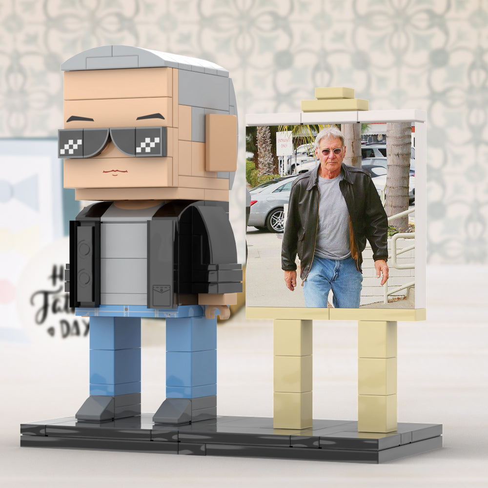 Full Body Customizable 1 Person Cool Grey Hair Daddy Street Photo With Classic Outfit Custom Brick with Frame Figures Small Particle Block Toy Brick Me Figures For Father's Day